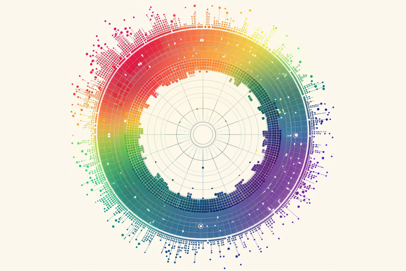 A rainbow colored circular plot with many data points represented
