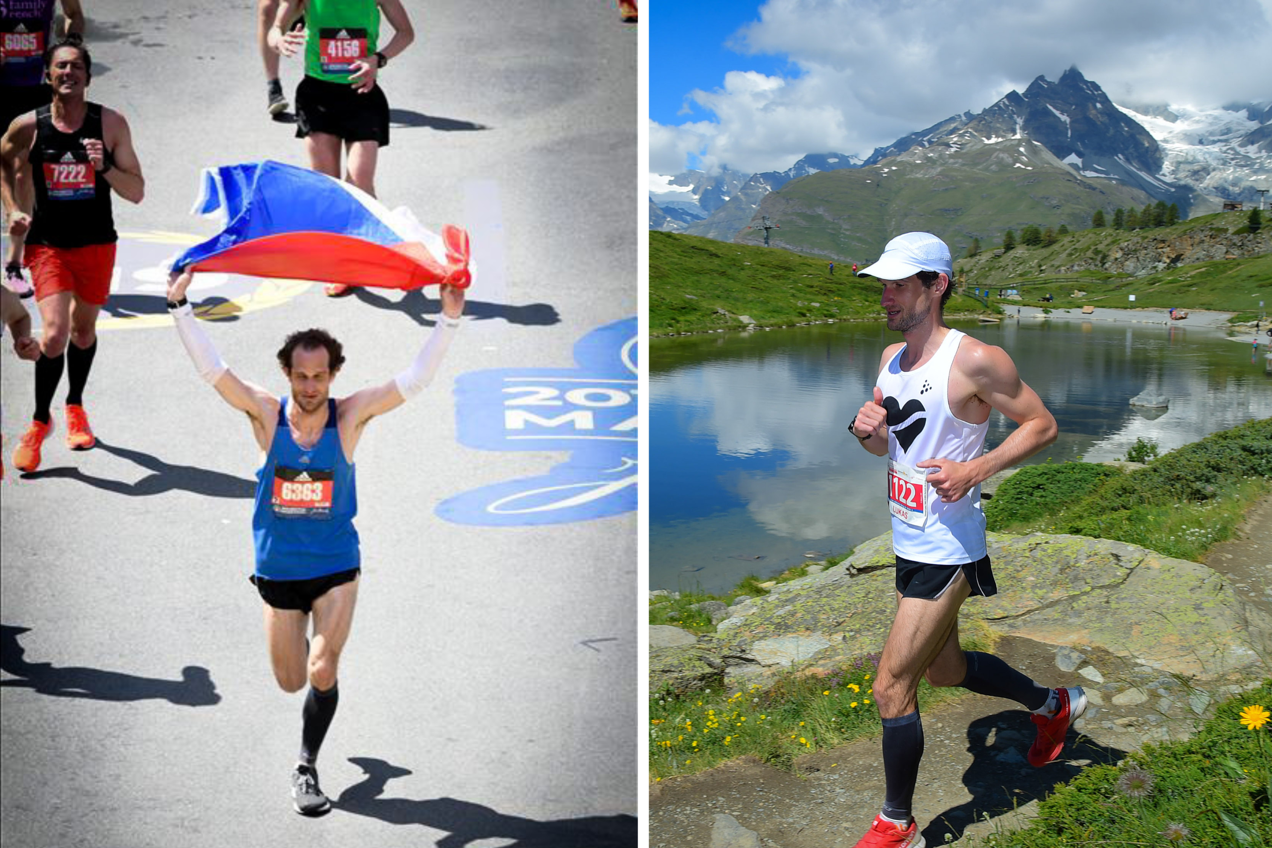 Left: Lukas Chmatal finishes the 2019 Boston Marathon holding a Czech flag. Right: Chmatal runs an ultramarathon in the Swiss Alps. Photos: Courtesy of Lukas Chmatal