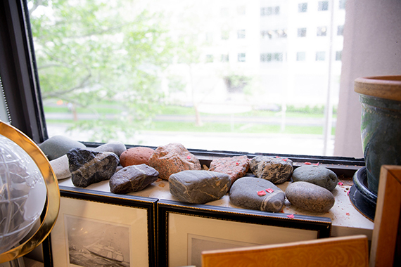 Stripey rocks on a windowsill.