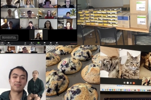 Collage of video call interface, baked goods and lab supplies.