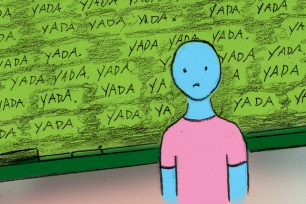 Cartoon person stands in front of a whiteboard covered in the repeated word "yada"