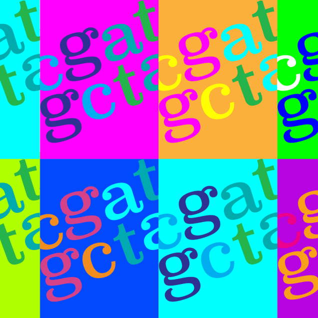Andy Warhol pop art style, a grid of 8 colorful boxes, each containing the same DNA sequences (cgat and gcta)