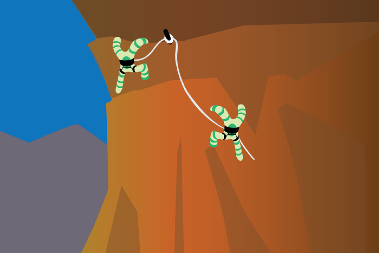 Illustration of two X chromosomes scaling a mountainside