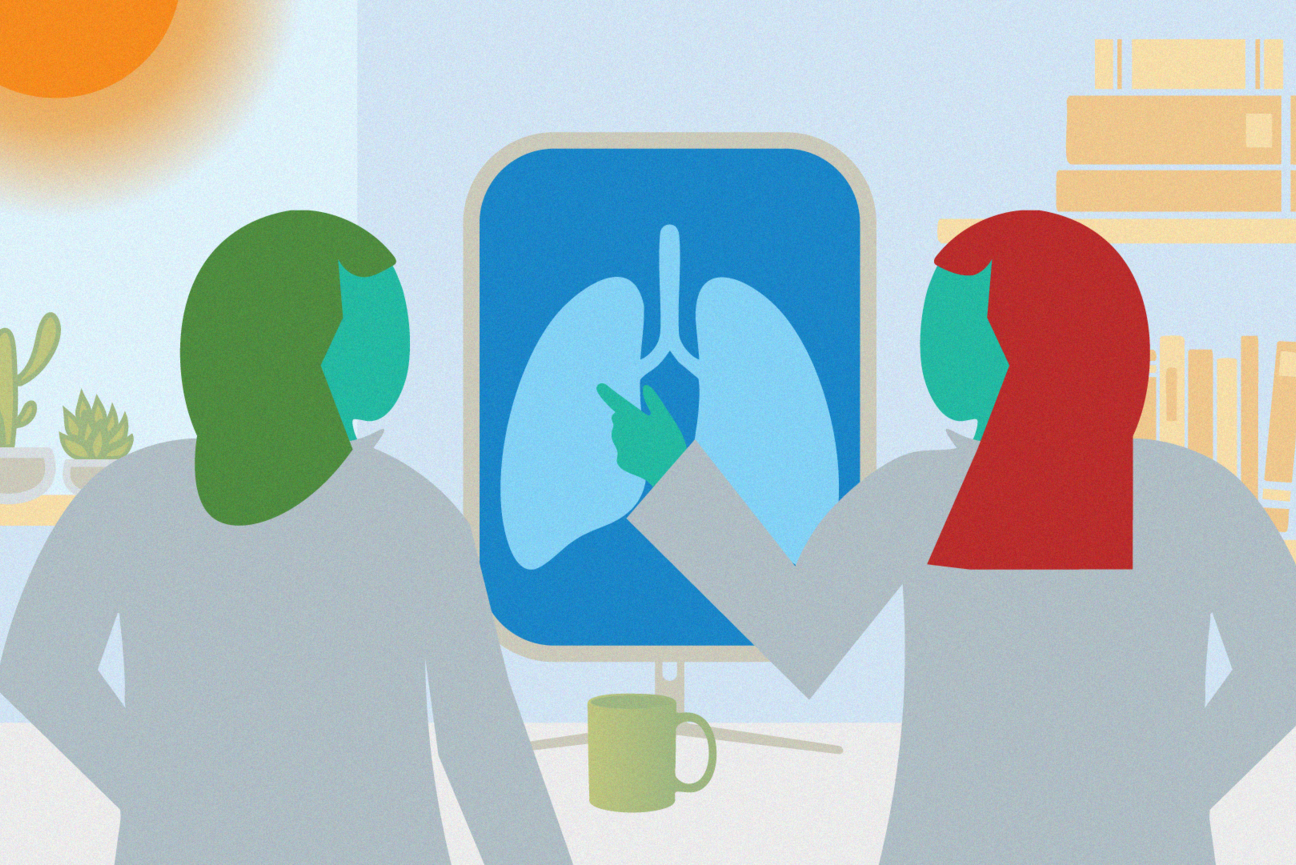 Illustration. Two researchers assess an image of a lung.
