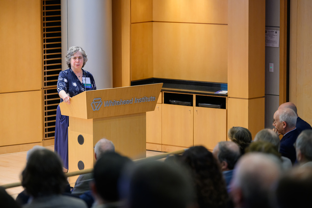 A woman speaking at the podium while the audience watches