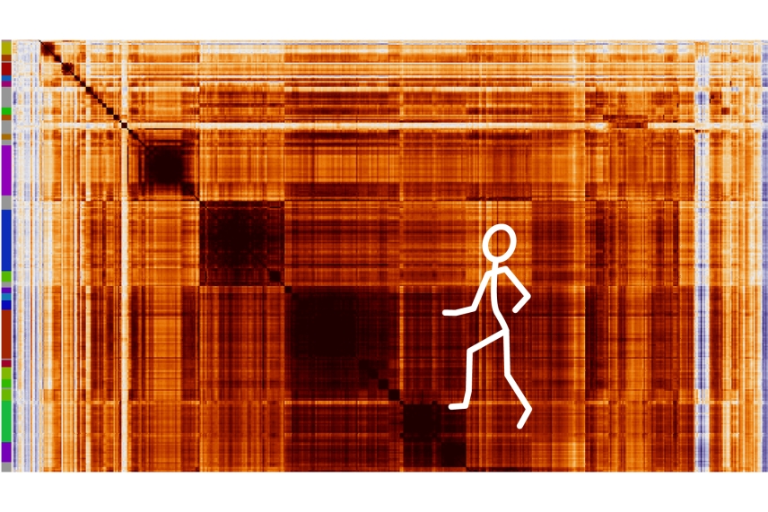 A heat map of genes is darkest in a diagnonal series of squares going from bottom right to top left. A stick figure is walking up these squares as if they are stairs.