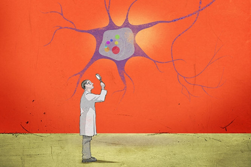 Illustration of a scientist examining a giant neuron