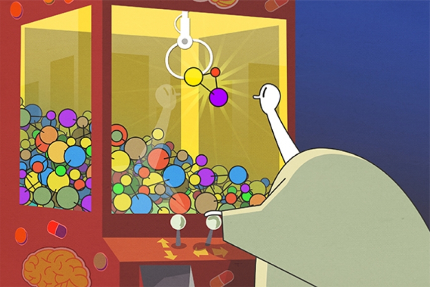 Scientist using a claw machine to pick up molecules (illustration)