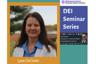 Slide avertising a DEI seminar series talk by Lynn DeCouto