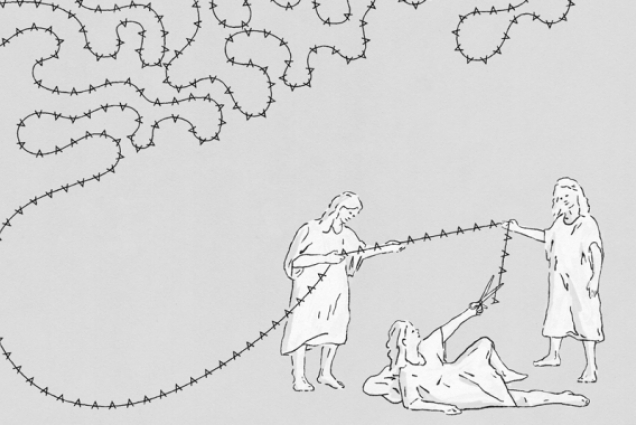 Three fates hold a string of DNA.